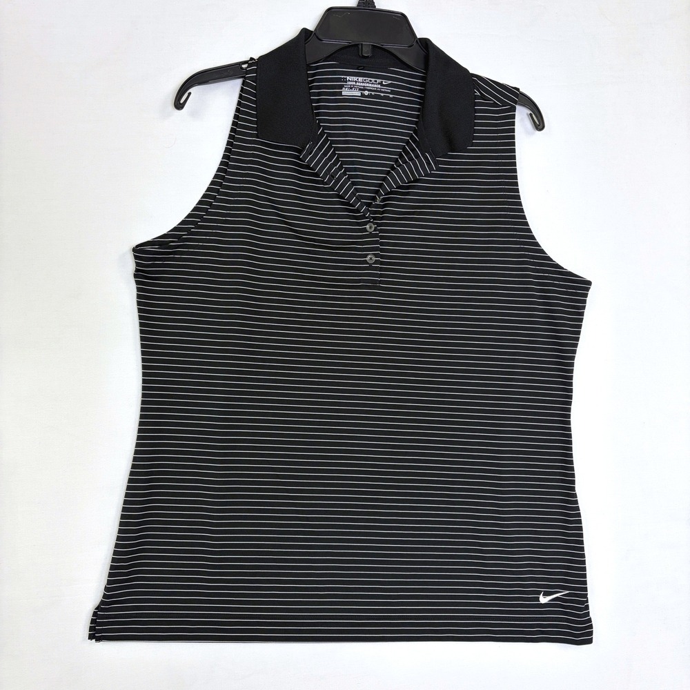 Nike Golf Womens XL Sleeveless Polo Shirt Black White Striped Dri-FIT